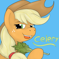 Size: 1200x1200 | Tagged: safe, artist:pavlovzdawg, applejack, earth pony, pony, g4, blue background, celery, female, food, herbivore, looking at you, mare, simple background, solo, text