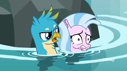 Size: 1920x1080 | Tagged: safe, screencap, gallus, silverstream, griffon, seapony (g4), g4, what lies beneath, discovery family, discovery family logo, duo, duo male and female, female, logo, male, nightmare cave, scared, seapony silverstream, water