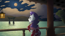 Size: 4800x2700 | Tagged: safe, artist:maneingreen, rarity, pony, unicorn, g4, bipedal, bipedal leaning, cloud, cloudy, female, japan, lantern, leaning, moon, solo, ukiyo-e, yukata