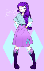 Size: 500x800 | Tagged: safe, artist:fish_msi_mn, rarity, equestria girls, g4, abstract background, female, hands behind back, hands on waist, looking at you, one eye closed, smiling, solo, wink