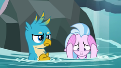 Size: 1920x1080 | Tagged: safe, screencap, gallus, silverstream, griffon, seapony (g4), g4, what lies beneath, discovery family, discovery family logo, duo male and female, female, logo, male, nightmare cave, scared, seapony silverstream, water