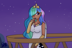 Size: 2500x1666 | Tagged: safe, artist:spokenmind93, princess celestia, human, a royal problem, g4, balcony, crown, female, humanized, jewelry, night, regalia, scene interpretation, solo, winged humanization, wings