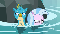 Size: 1920x1080 | Tagged: safe, screencap, gallus, silverstream, griffon, seapony (g4), g4, what lies beneath, discovery family, discovery family logo, duo, duo male and female, female, logo, male, nightmare cave, scared, seapony silverstream, water