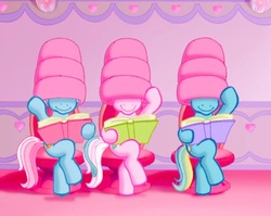 Size: 944x750 | Tagged: safe, screencap, cotton candy (g3), piccolo, seaspray (g3), earth pony, pony, g3, the princess promenade, a princess is in town, book, chair, cute, female, g3 adoraspray, g3 cottoncandybetes, hair dryer, hair salon, mare, reading, sitting