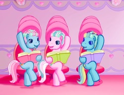 Size: 975x749 | Tagged: safe, screencap, cotton candy (g3), piccolo, seaspray (g3), earth pony, pony, g3, the princess promenade, a princess is in town, book, chair, diacolo, female, g3 adoraspray, g3 cottoncandybetes, hair curlers, hair dryer, hair salon, looking at each other, mare, petal parlor, reading, singing, sitting