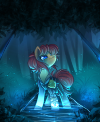 Size: 700x848 | Tagged: safe, artist:cabbage-arts, oc, oc only, oc:latch, earth pony, pony, blue eyes, clothes, commission, commissioner:latch, earth pony oc, female, forest, looking up, pond, scenery, solo, water, ych result