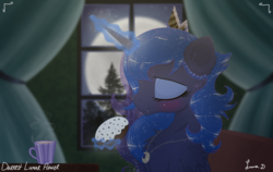 Size: 3550x2250 | Tagged: safe, artist:darkest-lunar-flower, princess luna, pony, g4, blushing, chest fluff, coffee, commission, cute, cute little fangs, donut, eating, eyes closed, fangs, featured image, female, food, glowing horn, high res, horn, magic, moon, mug, night, peytral, sitting, smiling, solo, telekinesis