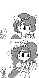 Size: 720x1440 | Tagged: safe, artist:tjpones, oc, oc only, oc:brownie bun, oc:richard, earth pony, human, pony, horse wife, adventure in the comments, bowsette, clothes, comic, crown, dress, ear fluff, eared humanization, female, gifs in the comments, grayscale, hoof hold, human male, humanized, jewelry, male, mare, meme, monochrome, new super mario bros. u deluxe, princess, question mark, regalia, simple background, super crown, tailed humanization, toadette, transformation, white background, xk-class end-of-the-kitchen scenario