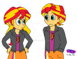 Size: 1024x796 | Tagged: safe, artist:jen-izzy93, sunset shimmer, equestria girls, g4, binary shimmer, binary sunset, clothes, equestria guys, jacket, male, rule 63, sunset glare, wrong eye color