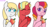 Size: 1280x687 | Tagged: safe, artist:hayley566, oc, oc only, oc:ambrosia apple, oc:honeycrisp, oc:honeycrisp blossom, oc:sunshine blaze, earth pony, pony, unicorn, apple, eating, eyes closed, female, food, herbivore, hoof hold, magical lesbian spawn, mare, next generation, offspring, parent:applejack, parent:big macintosh, parent:princess cadance, parent:rarity, parent:starlight glimmer, parent:sunset shimmer, parents:cadmac, parents:rarijack, parents:shimmerglimmer, signature, simple background, tomato, transparent background, trio