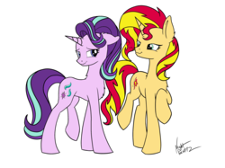 Size: 2646x1983 | Tagged: safe, artist:icicle-niceicle-1517, artist:nightpaint12, color edit, edit, starlight glimmer, sunset shimmer, pony, unicorn, g4, chest fluff, collaboration, colored, ear fluff, female, flirting, heart, lesbian, mare, raised hoof, ship:shimmerglimmer, shipping, signature, simple background, transparent background