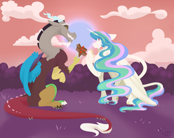 Size: 3600x2861 | Tagged: safe, artist:cyanreef, discord, princess celestia, alicorn, pony, g4, bouquet, cake, cloud, female, food, high res, hoof fluff, hooves, horn, lineless, male, mare, missing accessory, ship:dislestia, shipping, smiling, straight, teeth, wings