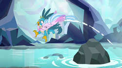 Size: 1280x720 | Tagged: safe, screencap, gallus, silverstream, griffon, seapony (g4), g4, what lies beneath, duo, duo male and female, eyes closed, female, glomp, leaping, male, nightmare cave, seapony silverstream, shipping fuel, water