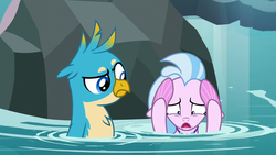 Size: 1280x720 | Tagged: safe, screencap, gallus, silverstream, griffon, seapony (g4), g4, what lies beneath, duo, duo male and female, female, male, scared, seapony silverstream