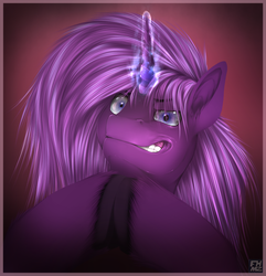 Size: 850x883 | Tagged: safe, artist:flareheartmz, oc, oc only, oc:flareheart, pony, unicorn, bust, dark atmosphere, glowing, hooves, horn, looking at you, magic, male, portrait, smiling, solo, stallion, teeth