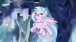 Size: 1280x720 | Tagged: safe, screencap, silverstream, classical hippogriff, hippogriff, g4, what lies beneath, female, flying, jewelry, necklace, nightmare cave, solo