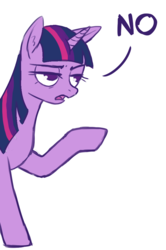 Size: 661x997 | Tagged: safe, anonymous artist, edit, twilight sparkle, pony, g4, female, mare, no, open mouth, raised hoof, reaction image, solo, unamused