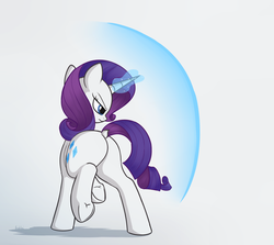Size: 2366x2106 | Tagged: safe, artist:andelai, rarity, pony, unicorn, g4, barrier, butt, dock, featureless crotch, female, frog (hoof), frown, glowing horn, high res, horn, magic, mare, plot, raised hoof, raised tail, rear view, rearity, shield, simple background, solo, standing, tail, underhoof, white background
