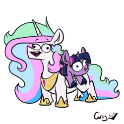 Size: 1280x1280 | Tagged: safe, artist:greyscaleart, princess celestia, twilight sparkle, alicorn, pony, unicorn, g4, background removed, colored hooves, derp, derplestia, duo, hoof shoes, majestic as fuck, ponies riding ponies, riding, signature, silly, simple background, transparent background, twilight riding celestia, unicorn twilight