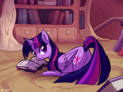 Size: 1600x1200 | Tagged: safe, artist:bae-mon, twilight sparkle, alicorn, pony, book, bookshelf, butt, cute, featureless crotch, female, golden oaks library, horn, indoors, library, looking at you, looking back, looking back at you, mare, plot, prone, raised tail, rear view, smiling, solo, tail, twibutt, twilight sparkle (alicorn), wings