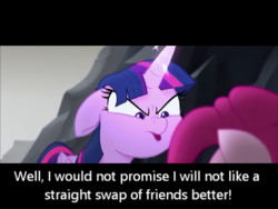 Size: 469x352 | Tagged: safe, edit, screencap, pinkie pie, twilight sparkle, alicorn, pony, g4, my little pony: the movie, basalt beach, engrish, google translate, subtitles, translation fail, twilight sparkle (alicorn)