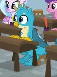 Size: 413x560 | Tagged: safe, screencap, gallus, silverstream, griffon, pony, a rockhoof and a hard place, g4, background pony, claws, cropped, cute, female, gallabetes, male, paws, sitting, smiling