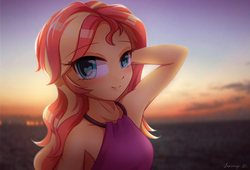 Size: 4400x3000 | Tagged: safe, artist:jeremywithlove, sunset shimmer, equestria girls, g4, armpits, beach, beautiful, bust, clothes, cute, female, heart eyes, looking at you, portrait, shimmerbetes, sleeveless, smiling, solo, sunset, sunshine shimmer, wingding eyes