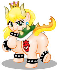 Size: 2300x2844 | Tagged: safe, artist:aleximusprime, koopa, pony, bedroom eyes, bowser, bowsette, butt, chubby, crown, cute, dragon tail, fat, flirting, high res, jewelry, king koopa, koopa shell, male, plot, plump, ponified, regalia, rule 63, simple background, spikes, super crown, super mario bros., thick, toadette, transparent background