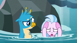 Size: 640x360 | Tagged: safe, screencap, gallus, silverstream, griffon, hippogriff, seapony (g4), g4, what lies beneath, animated, female, male, seapony silverstream, sound, water, webm