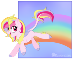 Size: 2152x1768 | Tagged: safe, artist:raspberrystudios, oc, oc only, oc:aurelia charm, kirin, g4, sounds of silence, jumping, kirin-ified, looking at you, open mouth, rainbow, simple background, solo, species swap, transparent background