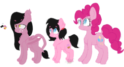 Size: 1693x915 | Tagged: safe, artist:thatonefluffs, pinkie pie, oc, oc:lunar, oc:moonlight, bat pony, cat pony, original species, g4, dark side, reference sheet, simple background, transparent background