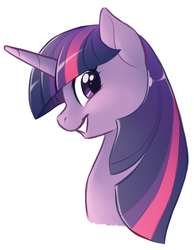 Size: 450x580 | Tagged: safe, artist:floofurr, twilight sparkle, pony, unicorn, g4, bust, female, looking at you, mare, smiling, solo