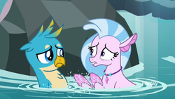 Size: 1920x1080 | Tagged: safe, screencap, gallus, silverstream, griffon, seapony (g4), g4, what lies beneath, discovery family, discovery family logo, duo, duo male and female, female, jewelry, logo, male, necklace, seapony silverstream, water