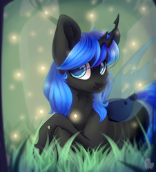 Size: 4204x4660 | Tagged: safe, artist:alphadesu, oc, oc only, oc:blue visions, changeling, :p, absurd resolution, blue changeling, changeling oc, commission, cute, digital art, female, forest, forest background, insect wings, signature, silly, solo, tongue out, transparent wings, ych result