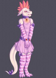 Size: 2500x3500 | Tagged: safe, artist:secret_desires, fizzle, dragon, anthro, g4, bow, bowtie, clothes, collar, crossdressing, dress, evening gloves, femboy, floppy ears, girly, gloves, hair bow, high res, long gloves, male, simple background, socks, solo, stockings, striped socks, thigh highs
