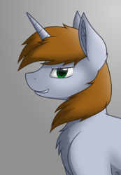 Size: 3000x4344 | Tagged: safe, artist:starlessnight22, oc, oc only, oc:littlepip, pony, unicorn, fallout equestria, bust, chest fluff, ear fluff, fanfic, fanfic art, female, gradient background, horn, inkscape, mare, portrait, simple background, smiling, solo, teeth, vector