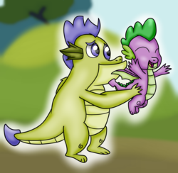 Size: 2050x2000 | Tagged: safe, artist:artistathefilly, sludge (g4), spike, dragon, father knows beast, g4, cute, eyes closed, happy, high res, male, smiling, winged spike, wings