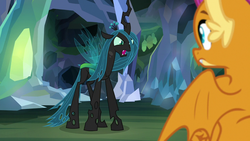 Size: 1280x720 | Tagged: safe, screencap, ocellus, queen chrysalis, smolder, changeling, changeling queen, dragon, g4, what lies beneath, disguise, disguised changeling, dragoness, female, queen chrysellus