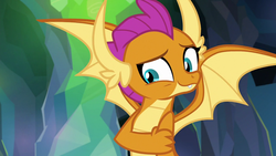 Size: 1280x720 | Tagged: safe, screencap, smolder, dragon, g4, what lies beneath, claws, cute, dragon wings, dragoness, fangs, female, shy, smiling, smolderbetes, solo, spread wings, wings
