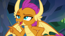 Size: 1280x720 | Tagged: safe, screencap, smolder, dragon, g4, what lies beneath, claws, dragon wings, dragoness, fangs, female, open mouth, raised eyebrow, solo, spread wings, wings