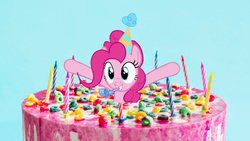 Size: 1920x1080 | Tagged: safe, artist:creativa-artly01, edit, pinkie pie, earth pony, pony, g4, cake, female, food, hat, party hat, party horn, solo