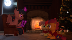Size: 3840x2160 | Tagged: safe, artist:xxtheobanditxx, apple bloom, scootaloo, sweetie belle, twilight sparkle, alicorn, earth pony, pegasus, pony, unicorn, g4, 3d, book, cape, christmas, christmas tree, clothes, cmc cape, couch, cutie mark crusaders, fireplace, high res, holiday, magic, moon, present, prone, source filmmaker, tree, twilight sparkle (alicorn), window