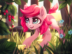 Size: 3306x2480 | Tagged: safe, artist:inowiseei, oc, oc only, oc:holivi, bird, chicken, earth pony, pony, chick, crouching, female, flower, food, high res, mare, not pinkie pie, raspberry (food), solo