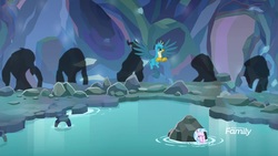 Size: 1920x1080 | Tagged: safe, screencap, gallus, silverstream, griffon, seapony (g4), g4, what lies beneath, discovery family, discovery family logo, logo, nightmare cave, rock, seapony silverstream, shadow, water, wings