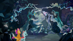 Size: 1280x720 | Tagged: safe, screencap, gallus, ocellus, silverstream, smolder, changedling, changeling, classical hippogriff, dragon, griffon, hippogriff, g4, what lies beneath, crystal, dragoness, female, flying, male, nightmare cave