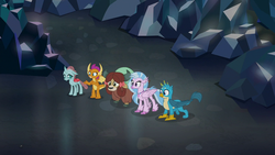 Size: 1280x720 | Tagged: safe, screencap, gallus, ocellus, silverstream, smolder, yona, changedling, changeling, classical hippogriff, dragon, griffon, hippogriff, yak, g4, what lies beneath, bow, cloven hooves, dragoness, female, hair bow, male, monkey swings, nightmare cave