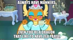 Size: 888x499 | Tagged: safe, edit, edited screencap, screencap, smolder, dragon, g4, what lies beneath, clothes, cup, cute, discovery family logo, dragoness, dress, engrish, female, jewelry, lipstick, makeup, meme, princess smolder, puffy sleeves, smiling, smolderbetes, solo, tea party, teacup, tiara
