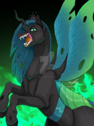 Size: 1024x1365 | Tagged: safe, artist:yumii-chan81, queen chrysalis, changeling, changeling queen, pony, g4, crown, fangs, female, fire, green fire, jewelry, looking at you, obtrusive watermark, open mouth, rearing, regalia, sharp teeth, solo, spread wings, teeth, watermark, wings