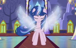 Size: 2334x1479 | Tagged: safe, artist:ilaria122, oc, oc:velvet star, alicorn, pony, alicorn oc, eyes closed, glowing horn, glowing wings, horn, next generation, offspring, parent:flash sentry, parent:twilight sparkle, parents:flashlight, twilight's castle