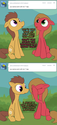 Size: 600x1320 | Tagged: safe, artist:loceri, oc, oc only, oc:marigold, oc:pun, earth pony, pony, ask pun, ask, female, mare, sitting